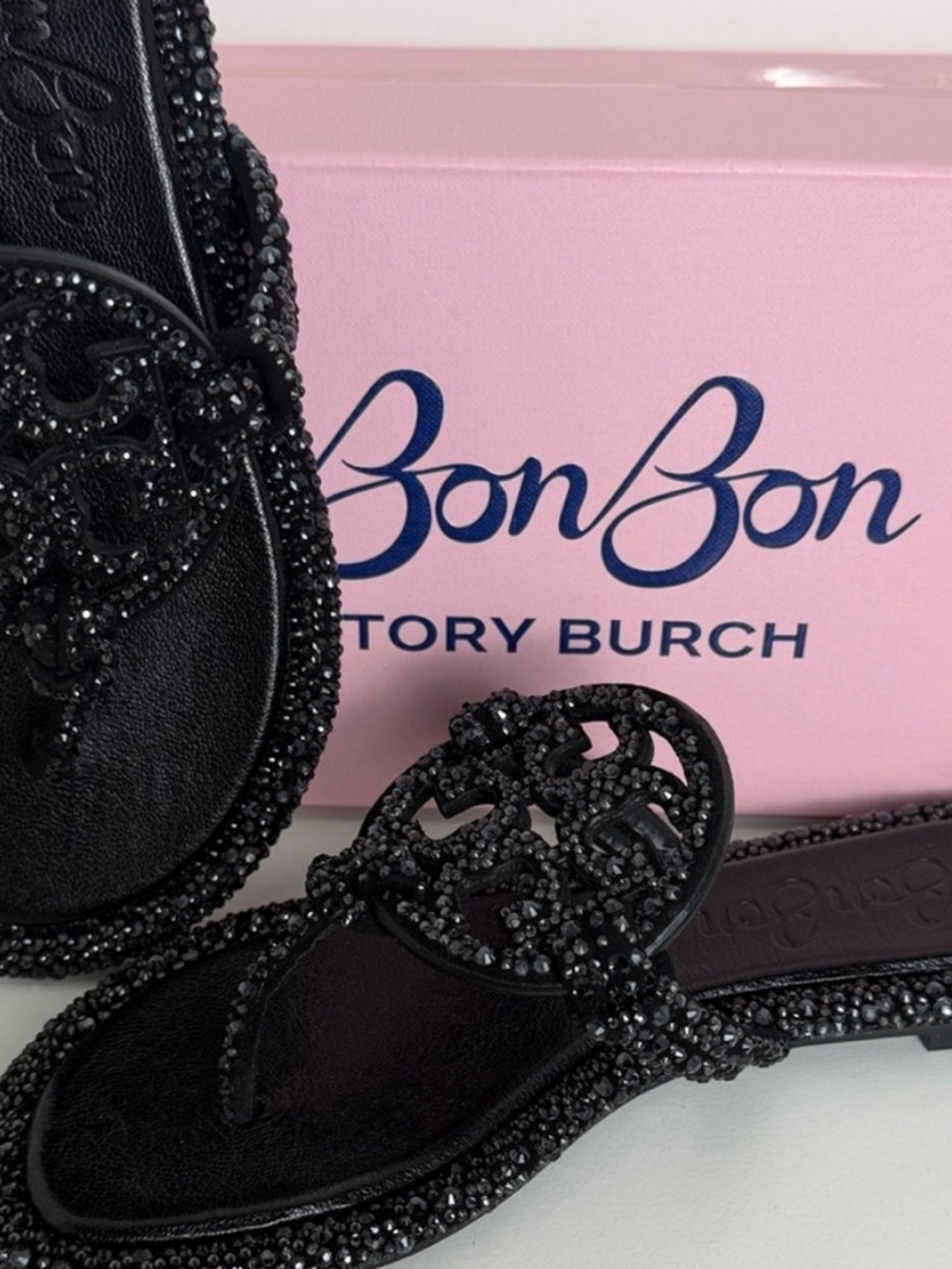 Tory Burch Black Beaded Flat Sandal with Crystal Accents
